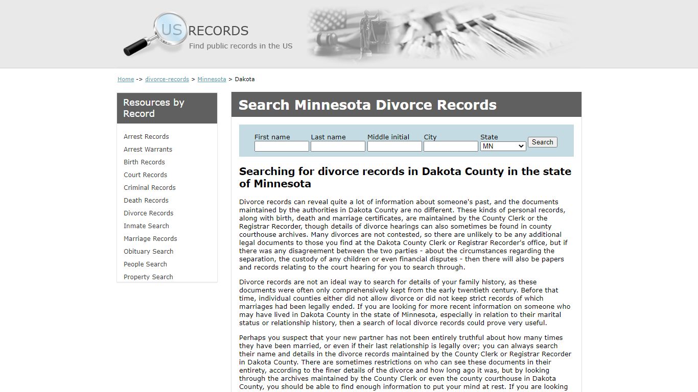 Search Divorce Records Dakota Minnesota | US Records