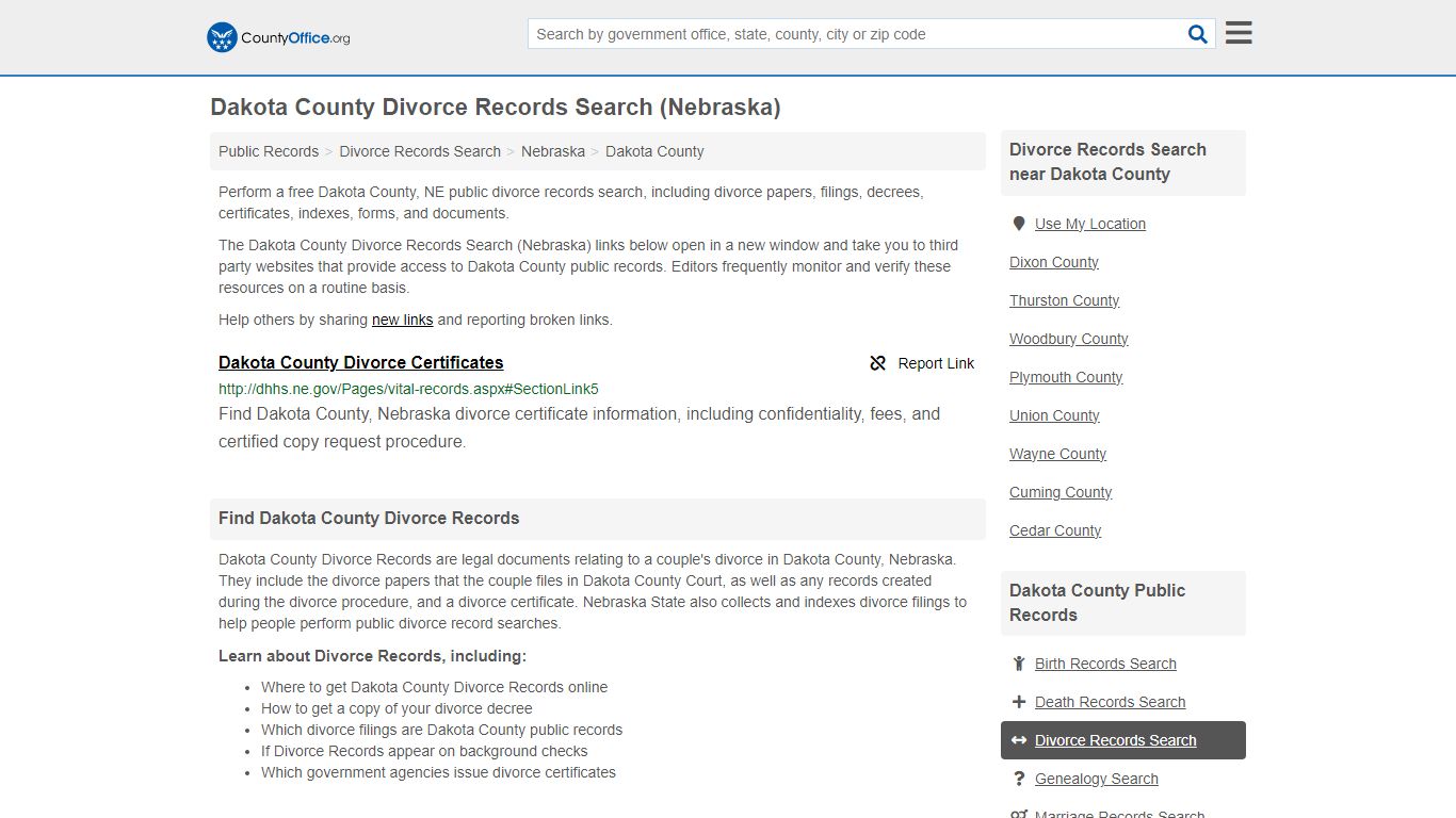 Dakota County Divorce Records Search (Nebraska) - County Office